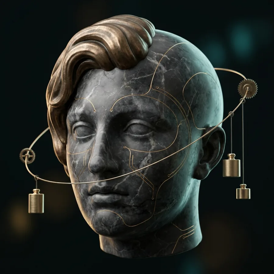 Portrait de Kairos : une tête de marbre classique parcourue de circuits d'or, entourée de contrepoids de laiton en orbite.
